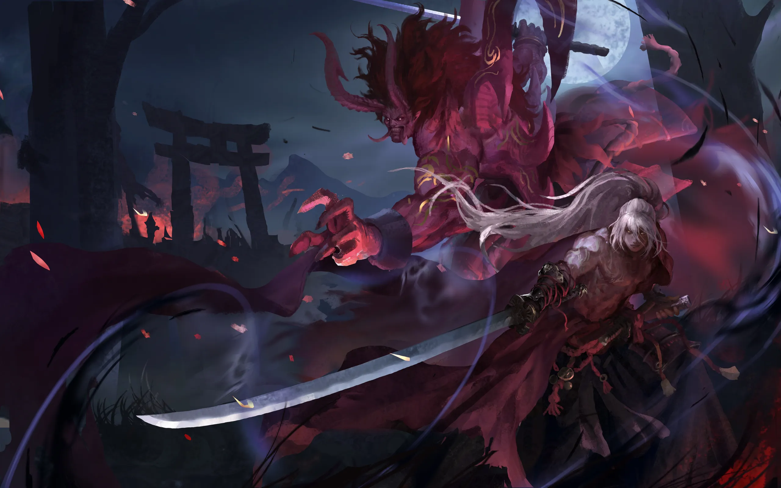 闇鴉武士 — 白髮武士立於血月之下